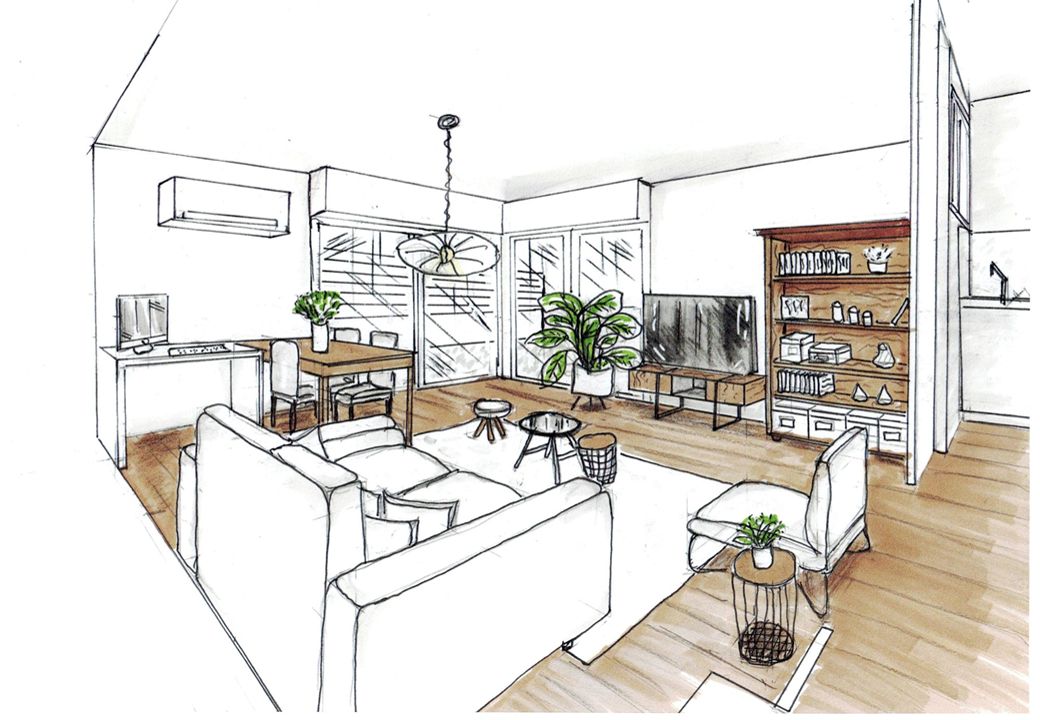 Croquis d'intention : perspective à main levée d'un séjour avec cuisine ouverte