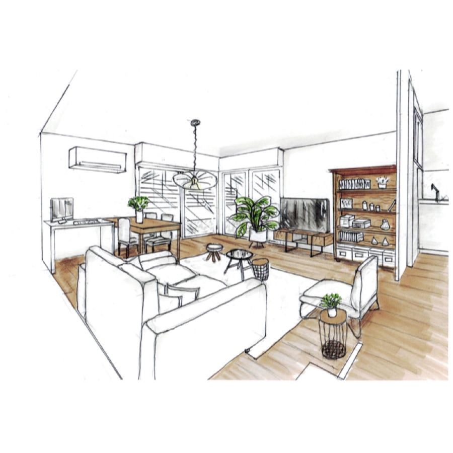 Croquis en perspective du séjour de l'appartement de Palavas-les-Flots